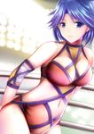  blue_eyes blue_hair breasts large_breasts leotard lips nannacy7 ogawa_hikaru red_leotard short_hair smile solo wrestle_angels wrestle_angels_survivor wrestling_outfit 