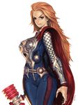  alien1452 armor blonde_hair blue_eyes breasts cape genderswap genderswap_(mtf) hammer large_breasts long_hair marvel piko_piko_hammer solo squeaky_mallet thor_(marvel) 