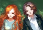  1girl ask_(askzy) bad_id bad_pixiv_id brown_eyes brown_hair child grass harry_potter lily_evans long_hair lying red_eyes red_hair severus_snape short_hair younger 