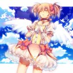  closed_eyes cloud cloudy_sky hands_clasped kaname_madoka magical_girl mahou_shoujo_madoka_magica mika_(1020mk) own_hands_together pink_hair short_hair sky solo white_wings wings 