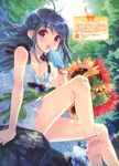  :o absurdres anklet bare_shoulders barefoot blue_hair braid collarbone dengeki_moeou dress feet flat_chest flower food highres holding jewelry kasukabe_akira long_hair male_focus nature open_mouth original otoko_no_ko popsicle red_eyes scan single_braid sitting soles solo spread_toes sundress sunflower toes water 