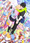  1girl backpack bag bunny cake cat colorful cuffs food green_scarf handcuffs highres ice_cream instrument original piano pig rocking_horse scarf scissors skirt surreal yuna_(rutera) 