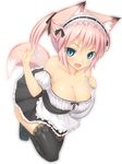 animal_ears bare_shoulders black_legwear blue_eyes breasts cleavage fang fox_ears fox_tail kabocha_head looking_at_viewer medium_breasts open_mouth original pink_hair ponytail simple_background slit_pupils smile solo tail thighhighs tray waitress 