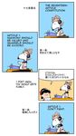  4koma black_hair blonde_hair chamupei charles_schulz_(style) comic dog hair_ornament headphones highres peanuts reading shirt short_hair sitting skirt snoopy touhou toyosatomimi_no_miko typewriter writing yasaka_kanako 