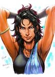  armlet armpits arms_behind_head bad_deviantart_id bad_id black_hair blue_eyes dark_skin final_fantasy final_fantasy_xiii highres lips long_hair mole oerba_yun_fang smile solo steven_mack 