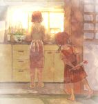  age_difference apron arms_behind_back bad_id bad_pixiv_id barefoot brown_hair cooking flower indoors kitchen mother's_day mother_and_daughter multiple_girls original pon_(cielo) shirt skirt sleeves_rolled_up standing twintails window 