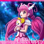  :d bow candy_(smile_precure!) character_name choker copyright_name creature cure_happy dress eyelashes head_wings hoshizora_miyuki long_hair magical_girl night open_mouth pink_bow pink_choker pink_eyes pink_hair pink_skirt precure sekken_kasu_barrier skirt smile smile_precure! solo star_(sky) tiara twintails wrist_cuffs 