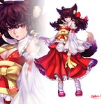  animal_ears bare_shoulders bow box_(hotpppink) breasts brown_hair detached_sleeves face hair_bow hair_tubes hakurei_reimu kemonomimi_mode long_hair medium_breasts parted_lips red_eyes signature solo tail touhou zoom_layer 