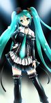  alice360 aqua_eyes aqua_hair bad_id bad_pixiv_id bare_shoulders choker detached_sleeves hand_on_hip hat hatsune_miku headset highres long_hair mini_hat mini_top_hat necktie skirt smile solo thighhighs top_hat twintails very_long_hair vocaloid zettai_ryouiki 