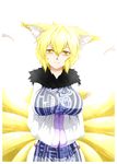  animal_ears backlighting blonde_hair breasts dress fox_ears fox_tail fur_trim hands_in_opposite_sleeves head_tilt highres koumajou_densetsu koumajou_densetsu_2 large_breasts light_smile long_sleeves looking_at_viewer multiple_tails no_hat no_headwear shirt short_hair solo tabard tail taut_clothes taut_shirt touhou wide_sleeves yakumo_ran yellow_eyes yuuki_(yukigeshou_hyouka) 