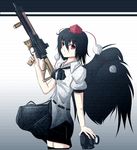  ar-57 bad_id bad_pixiv_id black_hair camera gun hat holding holding_gun holding_weapon kigisi looking_at_viewer machine_gun red_eyes shameimaru_aya short_hair short_sleeves skirt solo thighhighs tokin_hat touhou trigger_discipline weapon wings zettai_ryouiki 