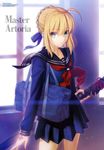  absurdres ahoge artoria_pendragon_(all) bag blonde_hair capsule_servant command_spell fate/zero fate_(series) green_eyes hair_ribbon highres looking_at_viewer master_artoria newtype official_art parted_lips pleated_skirt ribbon role_reversal scan school_bag school_uniform serafuku shinai short_hair shoulder_bag simosi skirt solo sword takeuchi_takashi tattoo weapon weapon_bag 