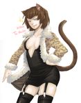  alternate_costume animal_ears animal_print anna_williams bad_id bad_pixiv_id black_dress black_legwear blue_eyes breasts brown_hair cat_ears cat_tail cleavage coat devy dress garter_straps hand_on_hip highres kemonomimi_mode leopard_print licking_lips medium_breasts naughty_face short_dress short_hair shorts solo tail tekken thighhighs tongue tongue_out 