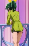  against_railing arm_support from_behind green_hair green_shirt haruyama_kazunori kneepits midorikawa_nao panties pantyshot ponytail precure railing shirt short_hair short_shorts shorts smile_precure! solo underwear white_panties 