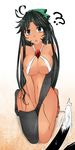  ? ahoge alternate_skin_color aoshima asymmetrical_clothes bare_shoulders bikini black_hair bow breasts cat_tail cleavage dark_skin elbow_gloves gloves hair_bow highres kneeling large_breasts long_hair reiuji_utsuho side-tie_bikini single_elbow_glove single_glove single_thighhigh solo swimsuit tail tan thighhighs touhou untied v_arms very_long_hair 