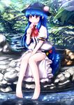  bare_legs barefoot between_legs blouse blue_hair boots eating food fruit hat highres hinanawi_tenshi ice_cream leaf long_hair nature peach plant popsicle red_eyes ribbon rock sitting skirt solo touhou tsubasa_(abchipika) water 