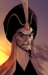  :| aladdin_(disney) black_hair closed_mouth eyebrows facial_hair goatee hat_feather jafar john_amor male_focus mustache red_eyes solo thick_eyebrows turban upper_body v-shaped_eyebrows 