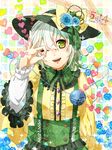  blue_flower blue_rose bow buttons embellished_costume flower green_eyes green_hair hat hat_bow heart heart-shaped_pupils heart_of_string highres komeiji_koishi kuronohana looking_at_viewer ok_sign one_eye_closed rose short_hair smile solo sparkle symbol-shaped_pupils third_eye thorns touhou upper_body 