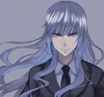  blue_eyes formal jormungand koko_hekmatyar long_hair necktie pepe_(jonasan) silver_hair simple_background smile solo suit 