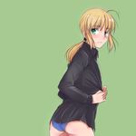  adapted_costume ahoge artoria_pendragon_(all) blonde_hair blue_panties blush fate/zero fate_(series) from_behind green_background green_eyes looking_back panties ponytail saber solo tusia underwear undressing 