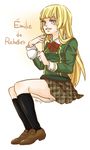  bad_id bad_pixiv_id blonde_hair blue_eyes bow cup devy kneehighs lili_(tekken) long_hair panties pantyshot pantyshot_(sitting) plaid plaid_skirt school_uniform sitting skirt solo teacup tekken underwear 