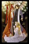  1girl art_nouveau blonde_hair brown_eyes brown_hair cassock cross cross_necklace fate/stay_night fate_(series) full_body head_wreath highres jewelry kotomine_kirei long_hair necklace praying short_hair skull staff stained_glass stole tarot vetania wreath 