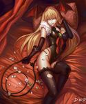  :q artist_name banned_artist black_legwear blonde_hair blue_eyes breasts demon_girl demon_tail elbow_gloves flower gauntlets gloves head_wings highres long_hair lying medium_breasts naughty_face original pillow solo succubus tail thighhighs tongue tongue_out yinan_cui 