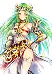 armor bare_shoulders breasts circlet gloves green_eyes green_hair jewelry kara_(color) kid_icarus kid_icarus_uprising long_hair looking_at_viewer medium_breasts necklace palutena sketch smile solo thighhighs vambraces white_background white_gloves white_legwear 