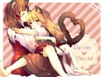  animal_ears barefoot blonde_hair cat_ears character_name child closed_eyes doily hakurei_reimu heart heart_tail_duo hug kemonomimi_mode kirisame_marisa multiple_girls nanamin no_hat no_headwear striped striped_background tail touhou typo yuri 