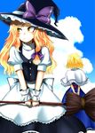  alice_margatroid apron blonde_hair bow broom cloud day hair_bow hane_(hanegoya) hat kirisame_marisa long_hair multiple_girls short_hair touhou witch_hat wrist_cuffs yellow_eyes 