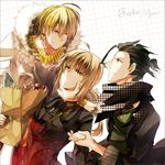  2boys ahoge artoria_pendragon_(all) bad_id bad_pixiv_id black_hair blonde_hair casual copyright_name earrings fate/zero fate_(series) formal gilgamesh green_eyes hair_ribbon hood houhou_(black_lack) houndstooth jewelry lancer_(fate/zero) long_hair multiple_boys necklace necktie ponytail red_eyes ribbon saber scarf suit yellow_eyes 