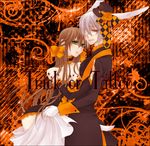  1girl alice_liddell animal_ears bow bunny_ears choker couple dress glasses gown halloween heart_no_kuni_no_alice hetero hug orange_background peter_white rin_(958) tail trick_or_treat white_rabbit 