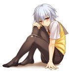  akanagi arm_support ben-tou black_legwear blush brown_eyes feet hand_on_own_knee legs pantyhose short_hair silver_hair sitting smile solo sweater_vest white_background yarizui_sen 