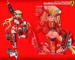  blonde_hair breasts f2002 ferrari formula_one green_eyes grin hair_ornament hands_on_hips large_breasts long_hair mecha_musume one_eye_closed pointing pointing_up product_placement running slender_waist smile underboob wheel yonezuka_ryou 