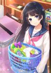  bangs basket black_hair blue_eyes blue_sailor_collar blue_skirt blush closed_mouth collarbone commentary_request eyebrows_visible_through_hair hair_ornament hairclip head_tilt highres holding holding_basket laundry laundry_basket long_hair long_sleeves looking_at_viewer mouse_(computer) mousepad neckerchief nijisanji omelet_tomato pink_neckwear pleated_skirt sailor_collar school_uniform serafuku shirt skirt smile solo sparkle tsukino_mito very_long_hair virtual_youtuber washing_machine white_shirt 