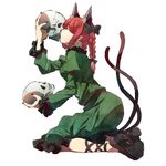  animal_ears bow braid cat_ears cat_tail closed_eyes dress extra_ears hair_bow hirasaka_ine kaenbyou_rin kiss kneeling long_hair multiple_tails nail_polish pointy_ears profile pumps red_hair red_nails skull solo tail touhou twin_braids 