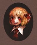  ascot blonde_hair face fang frame hair_ribbon highres open_mouth portrait red_eyes ribbon rumia shirt short_hair smile solo spark621 touhou 