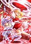  arm_up ascot bat_wings blonde_hair blush checkered checkered_background cowering fang fangs flandre_scarlet hands_on_own_head hat hat_ribbon highres knees_touching lavender_hair magic_circle mary_janes multiple_girls open_mouth outstretched_arms red_eyes remilia_scarlet ribbon shoes short_hair siblings side_ponytail sisters skirt skirt_set tamasan touhou wings 