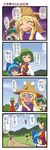  6+girls :&lt;&gt; @_@ animal_ears ascot black_hair blonde_hair blue_dress blue_hair blue_sky blush bruise bunny_ears bunny_tail cirno closed_eyes comic crazy_eyes daiyousei day dei_shirou dress falling front_ponytail full-face_blush grass green_eyes green_hair hair_ribbon hat heart highres houraisan_kaguya hug inaba_tewi injury kagiyama_hina kazami_yuuka long_hair moriya_suwako motherly mountain multiple_girls path pink_dress ribbon road running shirt short_hair skirt skirt_grab skirt_set sky tail touhou translated vest yandere_trance yellow_eyes |_| 