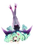  aqua_hair ass bad_id bad_pixiv_id black_gloves cherrypin demon_horns demon_wings drill_hair gloves high_heels horns long_hair looking_at_viewer original pantyhose purple_eyes shoes smile solo twintails upside-down very_long_hair white_background wings 