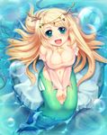  :d blonde_hair breasts bubble cleavage green_eyes harlem_heart highres large_breasts long_hair looking_up mermaid monster_girl navel open_mouth original pointy_ears rock sitting sitting_on_rock smile solo sorano_(12gou) v_arms very_long_hair water wet 