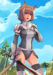  animal_ears armor boots breasts brown_hair cat_ears cat_tail cloud day elbow_gloves faulds final_fantasy final_fantasy_xi gloves hairband hand_on_own_chest leotard medium_breasts mithra orange_eyes short_hair sky smile solo sword tail takatsuki_kahiro thigh_boots thighhighs weapon 