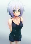  brown_eyes camisole casual glasses nagato_yuki purple_hair puyo short_hair shorts solo suzumiya_haruhi_no_yuuutsu 