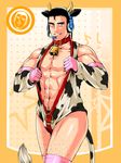  abe_takakazu animal_ears animal_print bell bell_collar black_eyes black_hair bulge card_(medium) card_parody cinderella_girls_card_parody collar cosplay cow_bell cow_boy cow_ears cow_horns cow_print cow_tail gloves headset horns idolmaster idolmaster_cinderella_girls kuso_miso_technique leg_hair male_focus mars_symbol muscle oikawa_shizuku oikawa_shizuku_(cosplay) pink_legwear smile solo star tail thighhighs yuuto_(chakokin) 