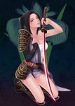  armor black_hair breasts brown_eyes final_fantasy final_fantasy_xi hadanugi_dousa highres hume japanese_clothes katana kneeling lips looking_at_viewer medium_breasts ponytail samurai samurai_(final_fantasy) sarashi solo sword takatsuki_kahiro undressing weapon 