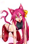  all_fours animal_ears bad_id bad_pixiv_id barefoot blazblue cat_ears gin_com glasses kokonoe pants pince-nez pink_hair red_pants solo tail tongue tongue_out yellow_eyes 