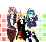  aqua_hair bad_id bad_pixiv_id belt bespectacled blonde_hair bracelet bubble_blowing casual chewing_gum error fashion glasses hat hatsune_miku headphones jewelry kagamine_rin long_hair lucarios megurine_luka multiple_girls navel pink_hair ponytail ring smile twintails vocaloid 
