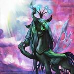  buttercup_saiyan changeling chrysalis crown female feral friendship_is_magic green_eyes hair horn my_little_pony painting queen_chrysalis queen_chrysalis_(mlp) solo sunset thoughtful wings 