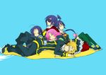  4girls bad_id bad_pixiv_id bandaid blonde_hair blue_hair emukae_mukae eyepatch glasses hitoyoshi_zenkichi long_hair medaka_box multiple_girls naze_youka pink_hair ponytail ribbon school_uniform sleeping thighhighs torai_kudaki udog wanizuka_shori 