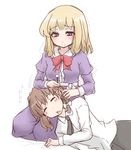  blonde_hair bow brown_hair closed_eyes dress dress_shirt ear_cleaning hair_ribbon lap_pillow maribel_hearn mimikaki multiple_girls necktie no_hat no_headwear purple_dress purple_eyes ribbon seiza shirt short_hair sitting smile tori_(minamopa) touhou usami_renko yuri 